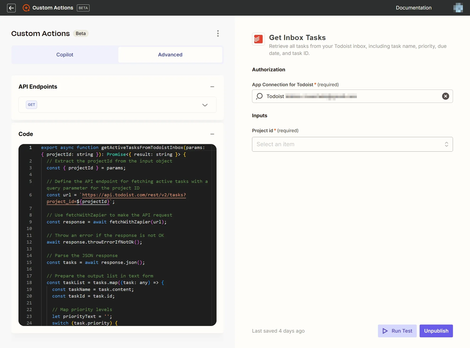 Zapier custom action code for optimized Todoist task retrieval