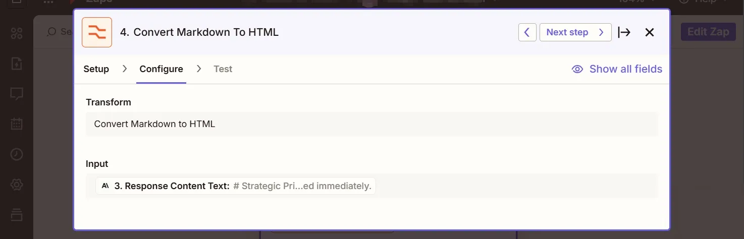 Screenshot of Zapier's Formatter to convert Markdown into HTML